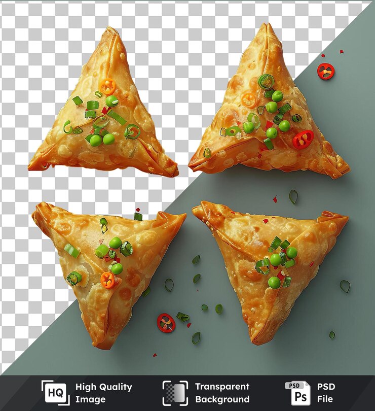 PSD samosas vegetales psd transparentes de alta calidad con guisantes verdes y pimienta roja servidas en una mesa azul con una rebanada de pizza en el fondo