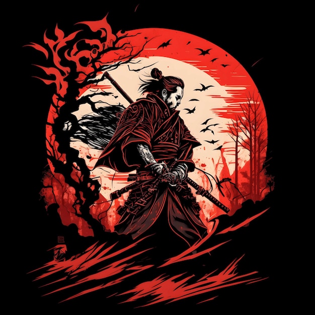 Samouraï de la mort noire sur fond noir 4096px PNG Style art transparent pour la conception de clipart tshirt