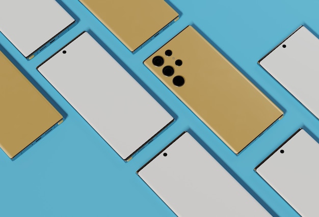 Samsung Galaxy S23 Smartphones auf blauer Oberfläche angeordnet