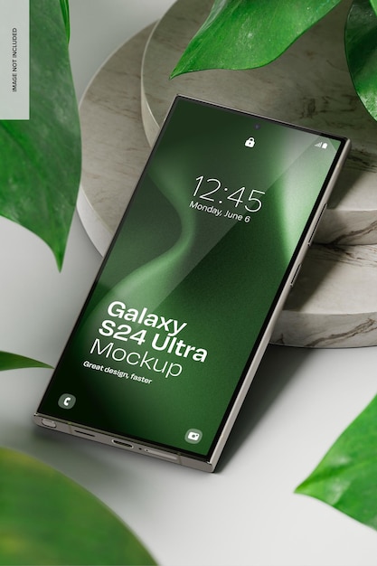 Samsung Galaxy S24 Ultra avec des feuilles tropicales Mockup penché