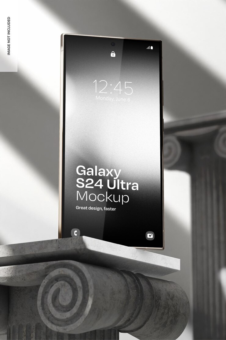 PSD samsung s24 ultra con pedestales griegos mockup vista delantera