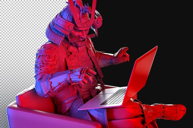 PSD samurai blindado usando laptop isolado em renderização 3d