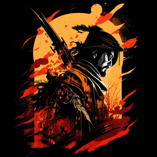 Samurai della morte nera su sfondo nero 4096px PNG Stile artistico trasparente per il design di clipart di tshirt