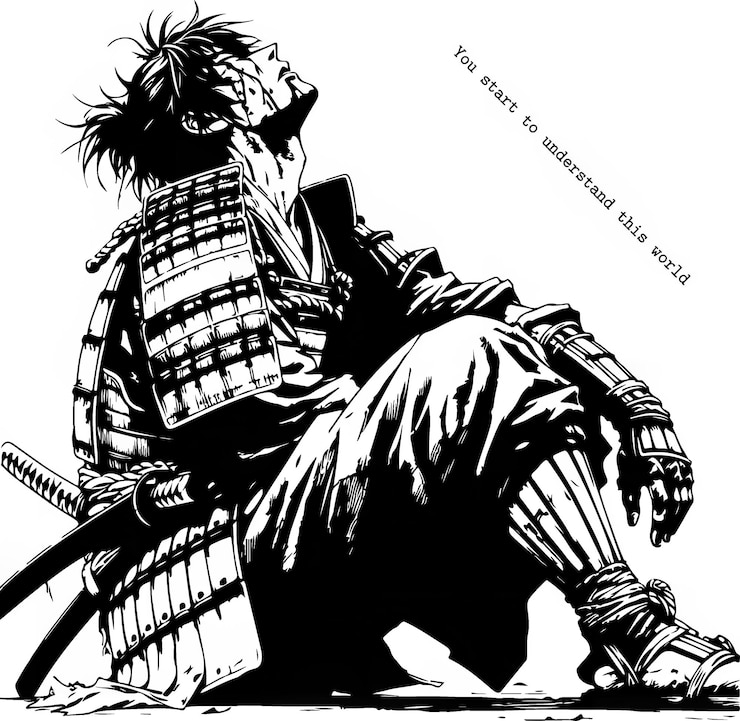 PSD el samurai solitario en el pensamiento descansando ilustración vectorial en blanco y negro
