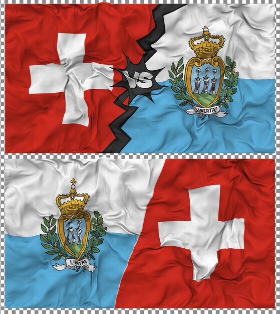 San Marino gegen Schweiz Halbkombinierte Flagge Stoff-Bump-Textur 3D-Rendering