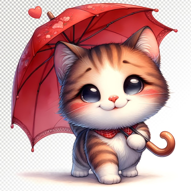 San Valentín lindo gato con paraguas rojo clipart fondo transparente PSD