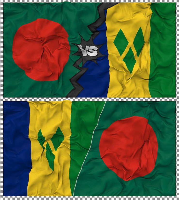 PSD san vicente y las granadinas contra bangladesh media bandera combinada textura de la tela 3d