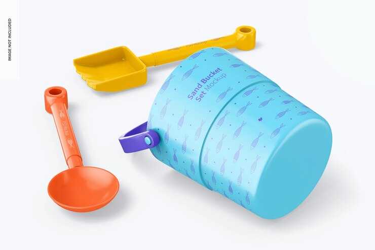 PSD sand bucket set mockup, left view
