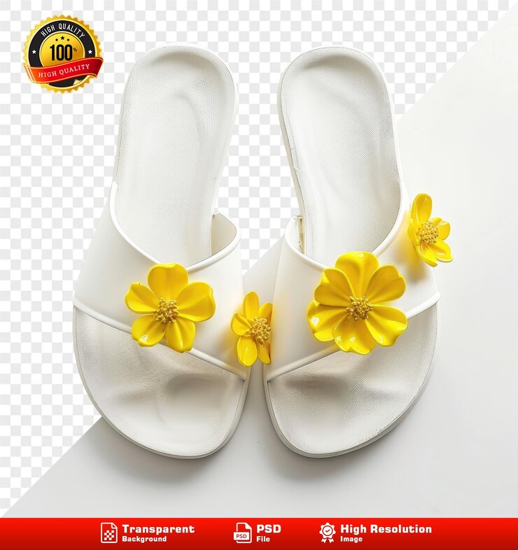 PSD sandalias blancas elegantes para mujeres con diseño de flores amarillas sobre fondo blanco