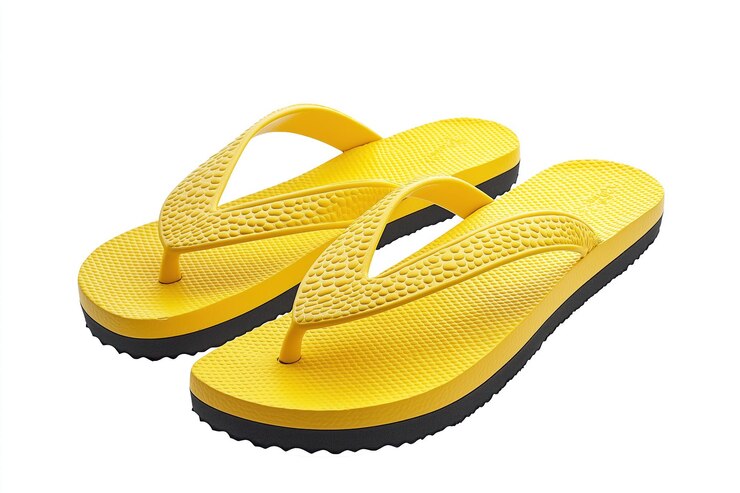 PSD sandalias de chanclas amarillas vibrantes con suelas negras en fondo alfa chanclas colocadas en el lado