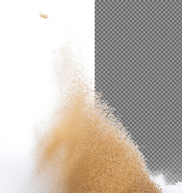 PSD sandfliegende explosion goldene sandwelle explodiert abstrakte sandwolken fliegen gelb gefärbter sandspritz wirft in luft weißer hintergrund isolierter hochgeschwindigkeitsverschluss wirft freeze stop motion
