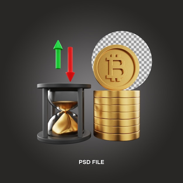Sandglass e ilustração 3d frontal de bitcoin renderizando o ícone 3d editável isolado