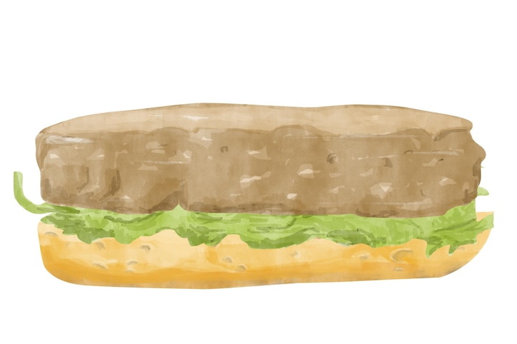 PSD sanduíche de aquarela com pão torrado pedaço de alface folha frita patty ilustração texturizada