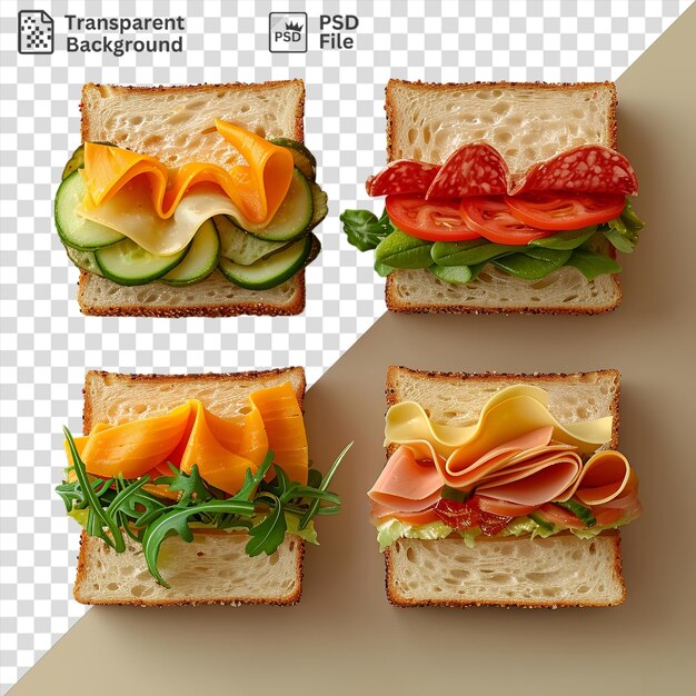PSD sanduíches isolados recém-preparados com pepino e tomate em fatias sobre um fundo transparente