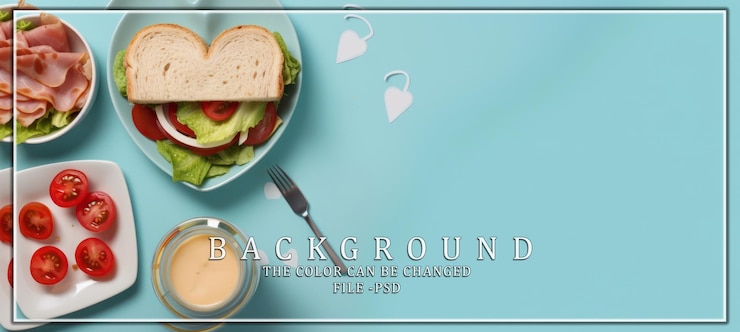 PSD sandwich a forma di cuore e ingredienti su uno sfondo blu