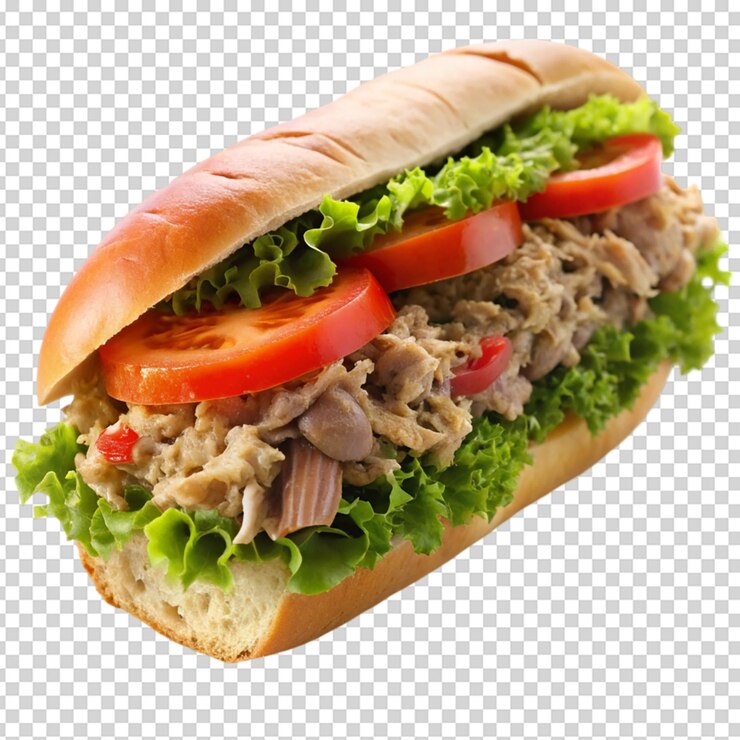 PSD sándwich de atún submarino con fondo blanco aislado
