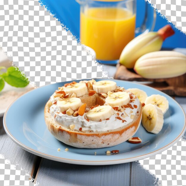 PSD sandwich au bagel sain avec banane et noix servi avec du yogourt, de la banane et des amandes sur une assiette blanche sur un tapis bleu sur un fond transparent