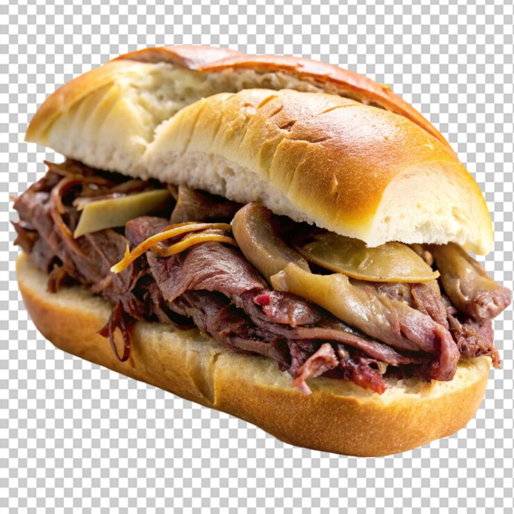 PSD sándwich de carne asada con salsa francesa sobre un fondo transparente
