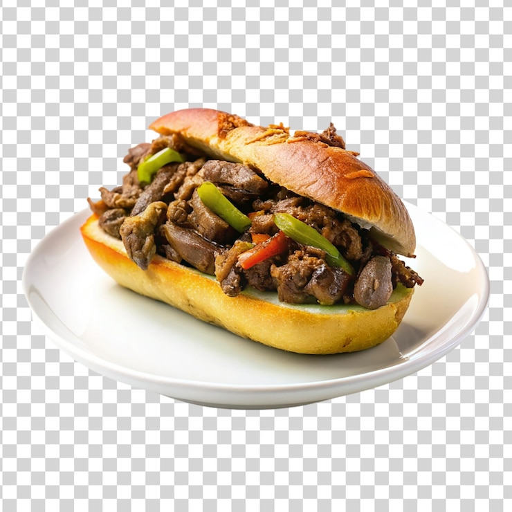 PSD sándwich de carne de cerdo en un plato blanco aislado sobre un fondo transparente