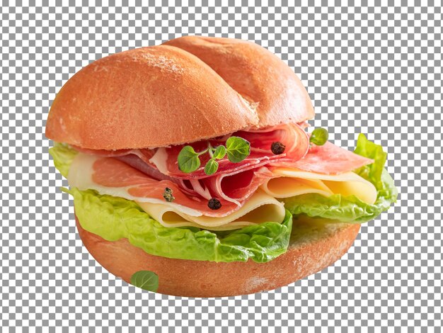 PSD un sándwich con carne y queso sobre fondo transparente.