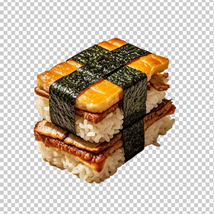 PSD sándwich casero de arroz y carne musubi saludable sobre un fondo transparente