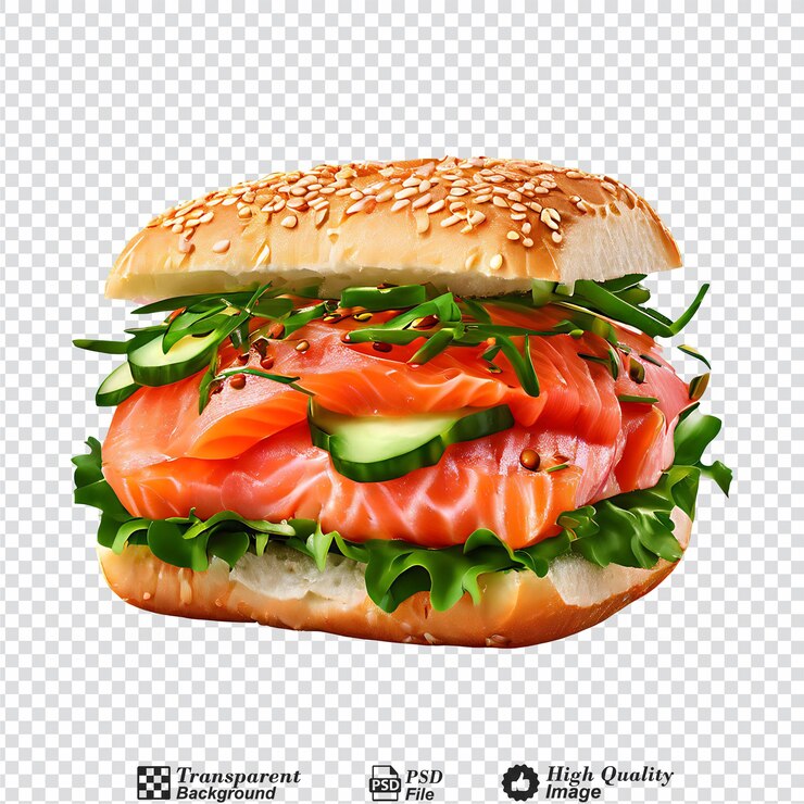 PSD sándwich de filete de salmón aislado sobre un fondo transparente