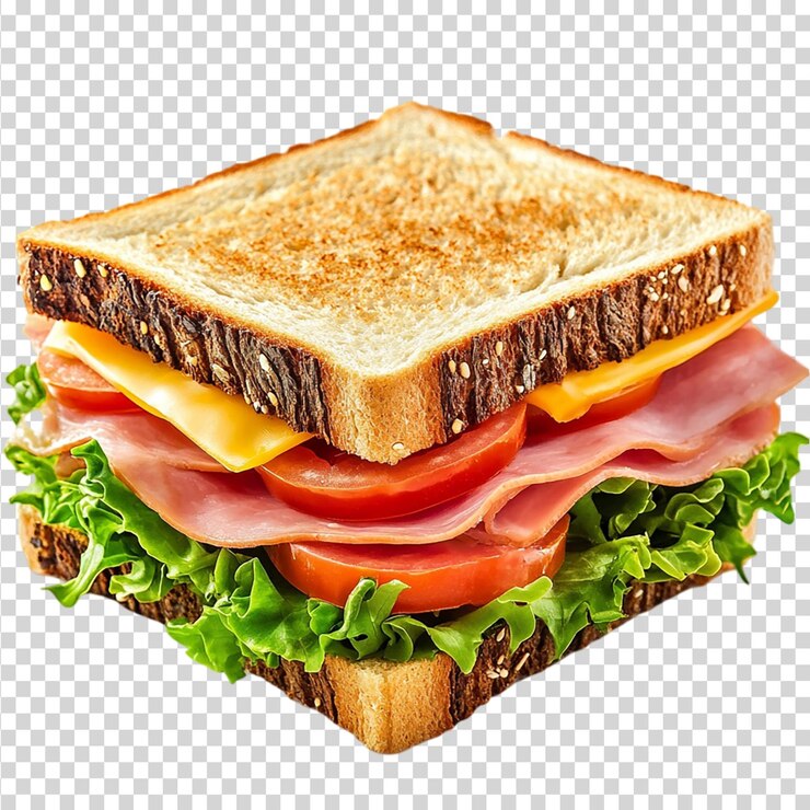 PSD sándwich con jamón, queso, tomate y lechuga aislados sobre un fondo transparente
