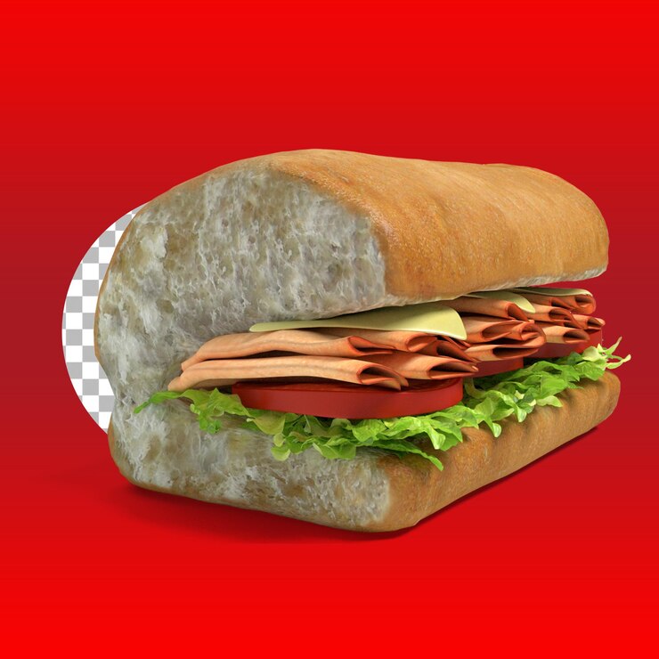 PSD sándwich de pan ciabatta con lechuga, tomate, prosciutto y queso aislado