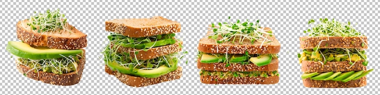 PSD sándwich de pan multigranado de aguacate y brote aislado sobre un fondo transparente