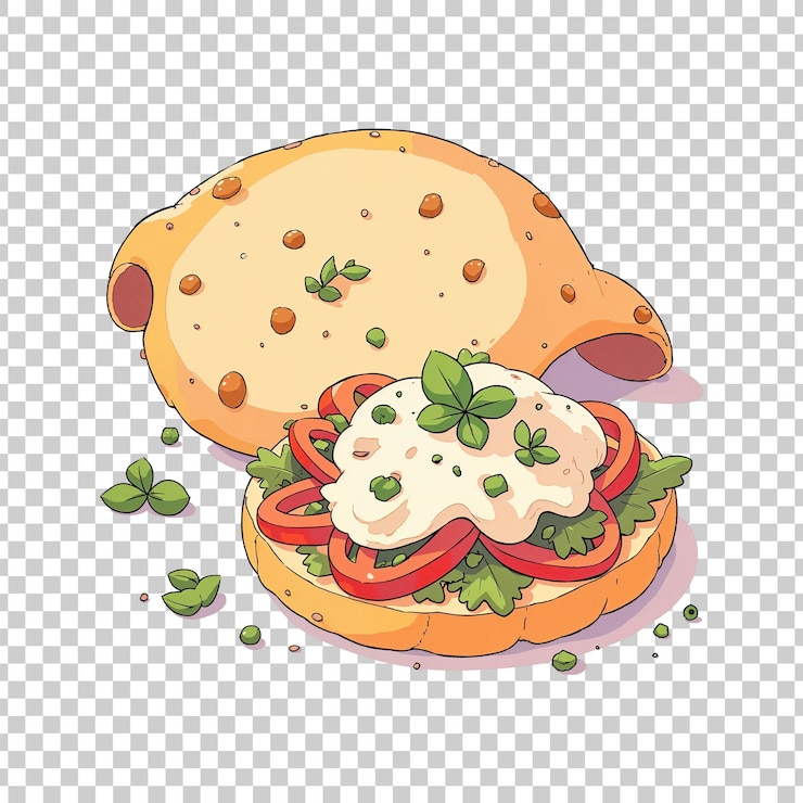 PSD sándwich de pita abierto con relleno cremoso y verduras sobre un fondo transparente