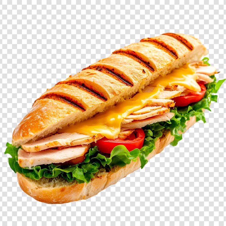 PSD sándwich de pollo a la parrilla, lechuga, tomate, queso, comida deliciosa