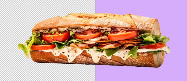 Sandwich PSD con salsa di pomodoro con prosciutto e foglie di insalata su uno sfondo trasparente