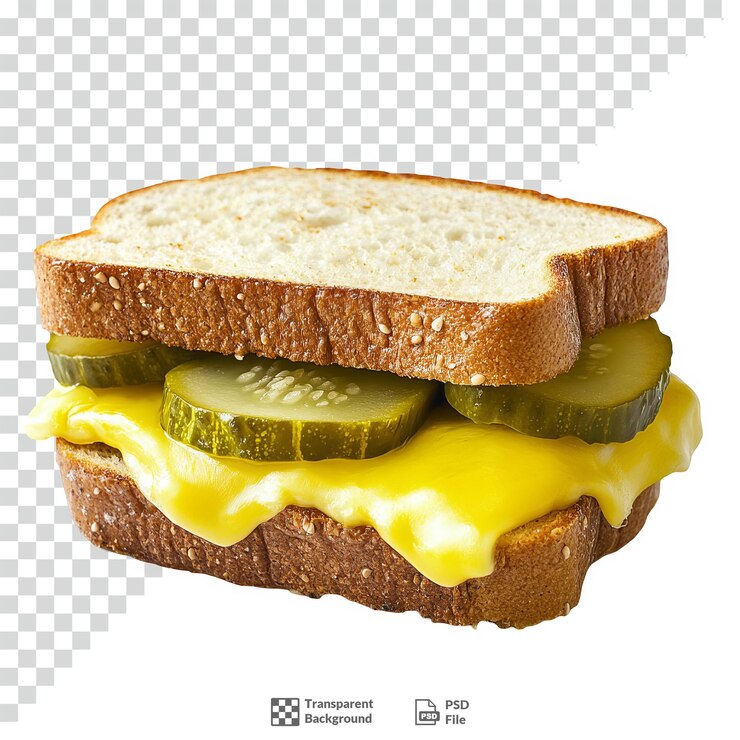 PSD sándwich de queso a la parrilla con pepinillos y mostaza de fondo transparente