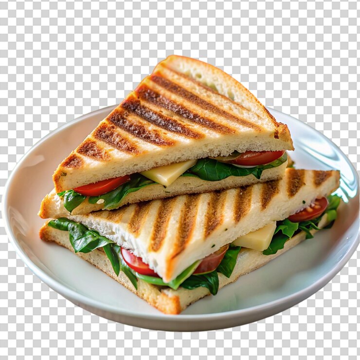 PSD un sándwich de queso a la parrilla con tomates y espinacas en un fondo transparente