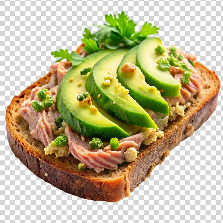 PSD un sándwich con rebanadas de aguacate en la parte superior sobre un fondo transparente