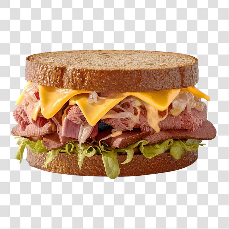 PSD un sándwich de reuben con carne de corn tierna y queso suizo en un fondo transparente