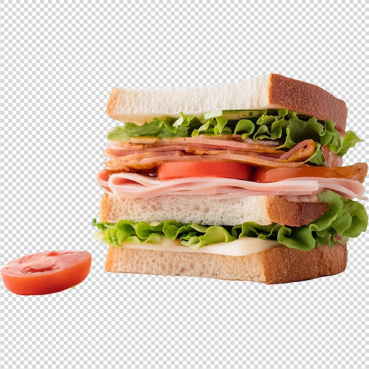 Sándwich saludable con tomate y carne sobre un fondo transparente