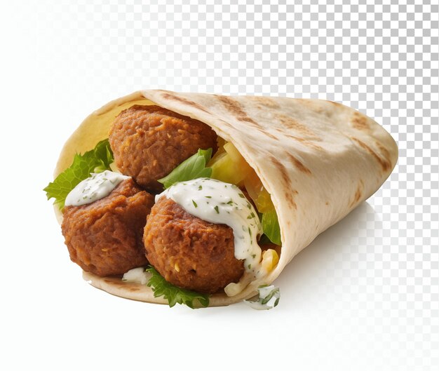 PSD sándwich shawarma rollo de falafel fresco carne a la parrilla y ensalada envoltura de tortilla con salsa blanca aislada.