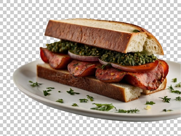 Sándwich tradicional argentino con chorizo en un fondo transparente