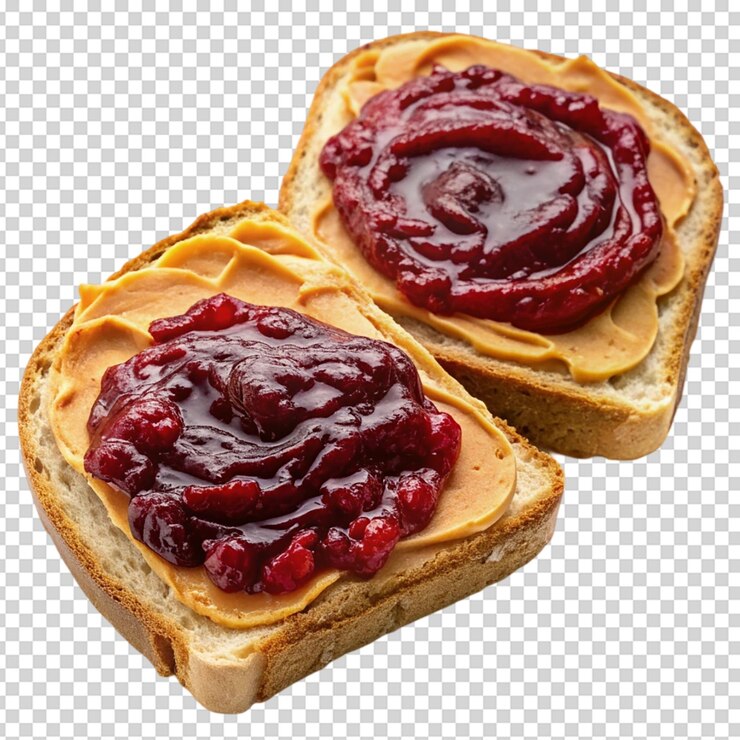 PSD sándwiches de mantequilla de maní y jalea de cara abierta aislados sobre un fondo blanco