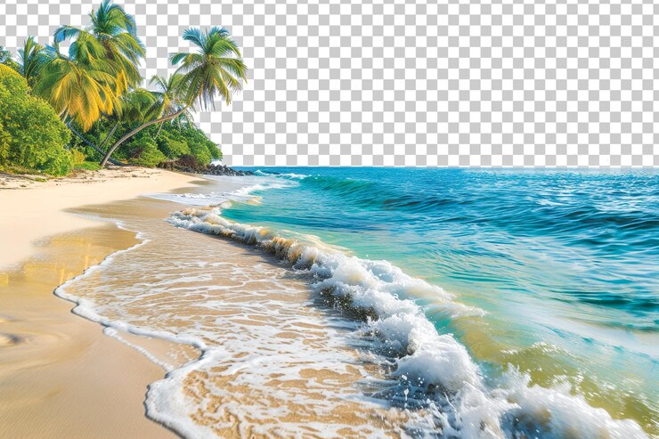 PSD sandy beach with crashing blue ocean waves isolated on transparent background