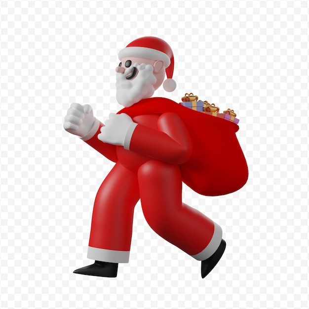 PSD santa claus corre con una bolsa de regalos ilustración 3d