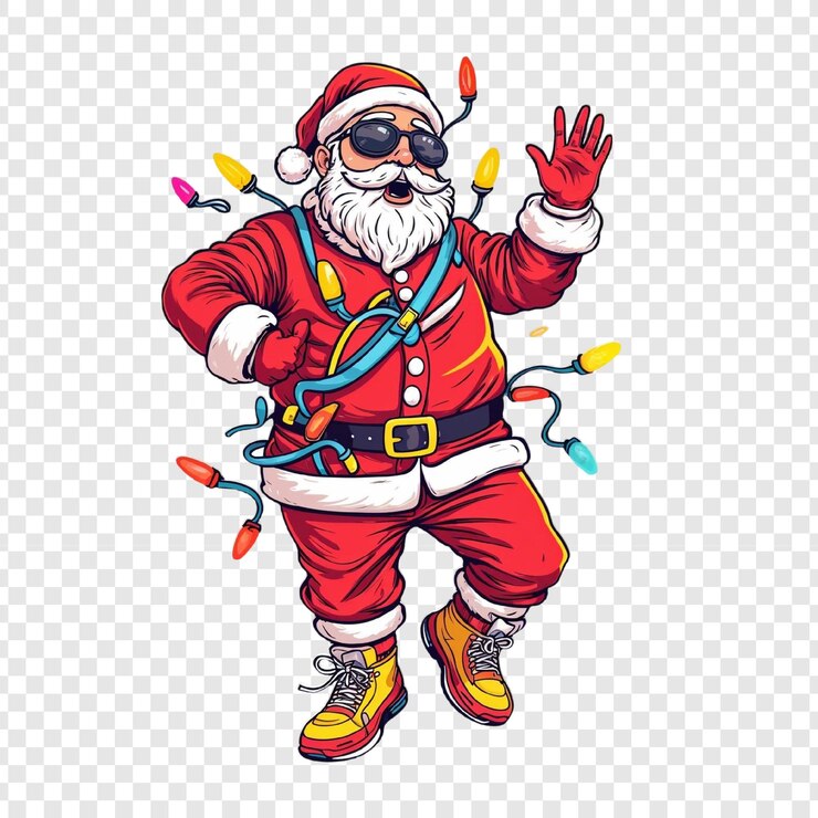 PSD santa claus con gafas de sol y luces de navidad fe ilustración de dibujos animados de vacaciones
