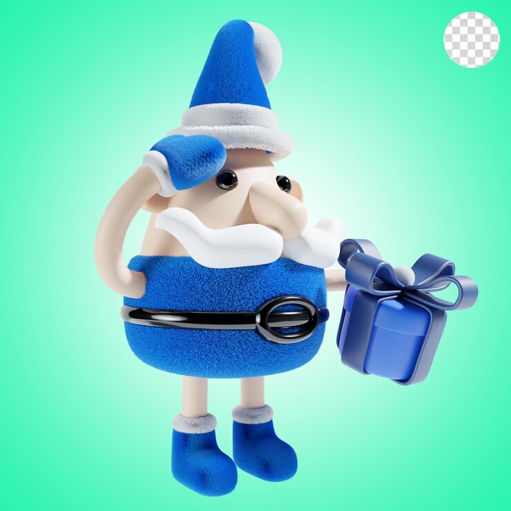 PSD santa claus con un lindo regalo de navidad en tema azul