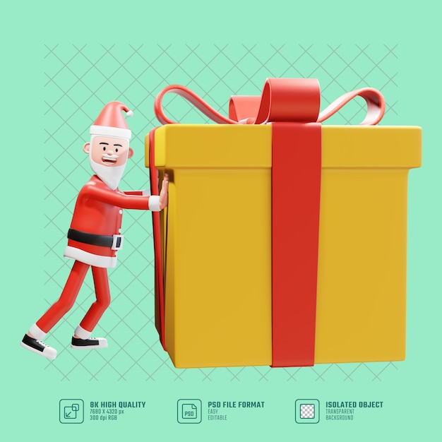 PSD santa empuja un gran regalo para regalo de navidad. personaje 3d santa claussanta empuja un gran regalo para regalo de navidad. concepto de navidad de santa claus de carácter 3d