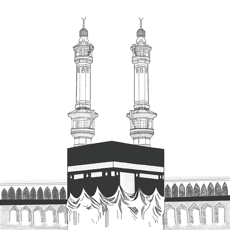 PSD santa kaaba alla mecca arabia saudita schizzo disegnato a mano illustrazione vettoriale