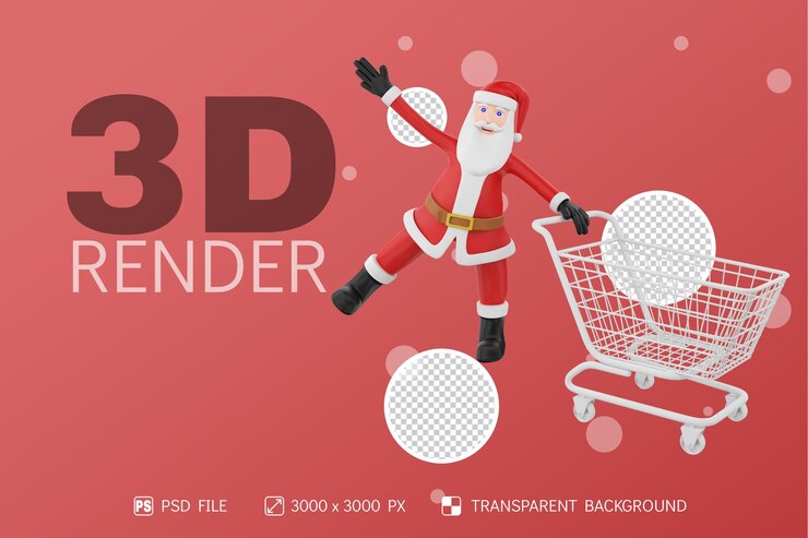 PSD santa, vista frontal, con, carro de compras, 3d, carácter, aislado, plano de fondo