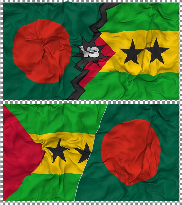 PSD santo tomé y príncipe contra bangladesh media bandera combinada con textura 3d de la tela