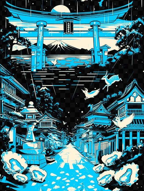 PSD el santuario de miyajimas itsukushima con la escena espiritual de la calle tor psd camiseta vectorial tatuaje tinta paisaje arte