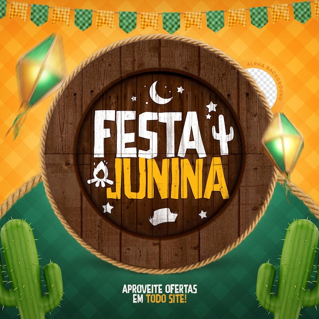 São joão festa junina festa brasileira oferta banner 3d render conceito